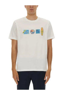 White cotton ps by paul smith men’s regular fit t-shirt with colorful vintage patch graphics across the chest