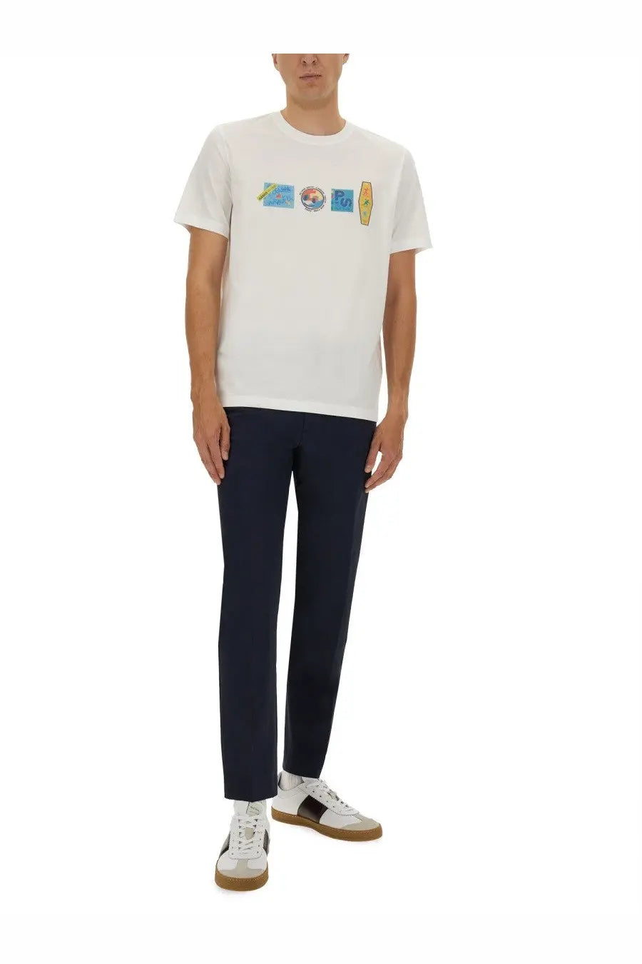 Ps By Paul Smith men’s regular fit white cotton t-shirt with colorful vintage surf and beach patches across chest
