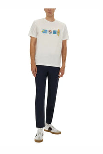 Ps By Paul Smith men’s regular fit white cotton t-shirt with colorful vintage surf and beach patches across chest