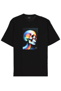 Ps By Paul Smith men’s black short-sleeved t-shirt with vibrant rainbow-colored skull graphic on the chest