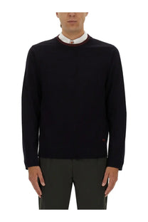 Black crewneck sweater with maroon trim and embroidered logo on sleeve for ps by paul smith men’s shirt blue product