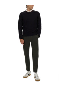 Black crewneck sweater with subtle ribbed collar detail complementing ps by paul smith men’s blue shirt design