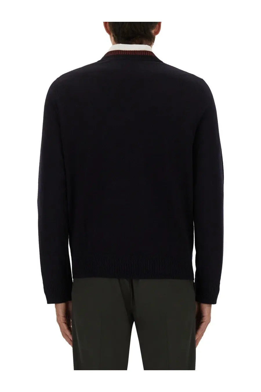 Dark navy cashmere sweater with ribbed collar and cuffs featuring subtle textured knit by ps by paul smith