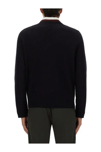 Dark navy cashmere sweater with ribbed collar and cuffs featuring subtle textured knit by ps by paul smith