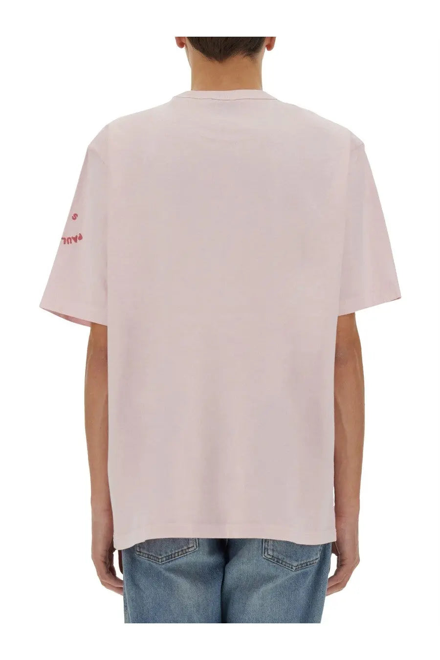 Ps by paul smith men’s shirt blue displayed as a soft pink oversized cotton t-shirt with subtle red logo on the left sleeve