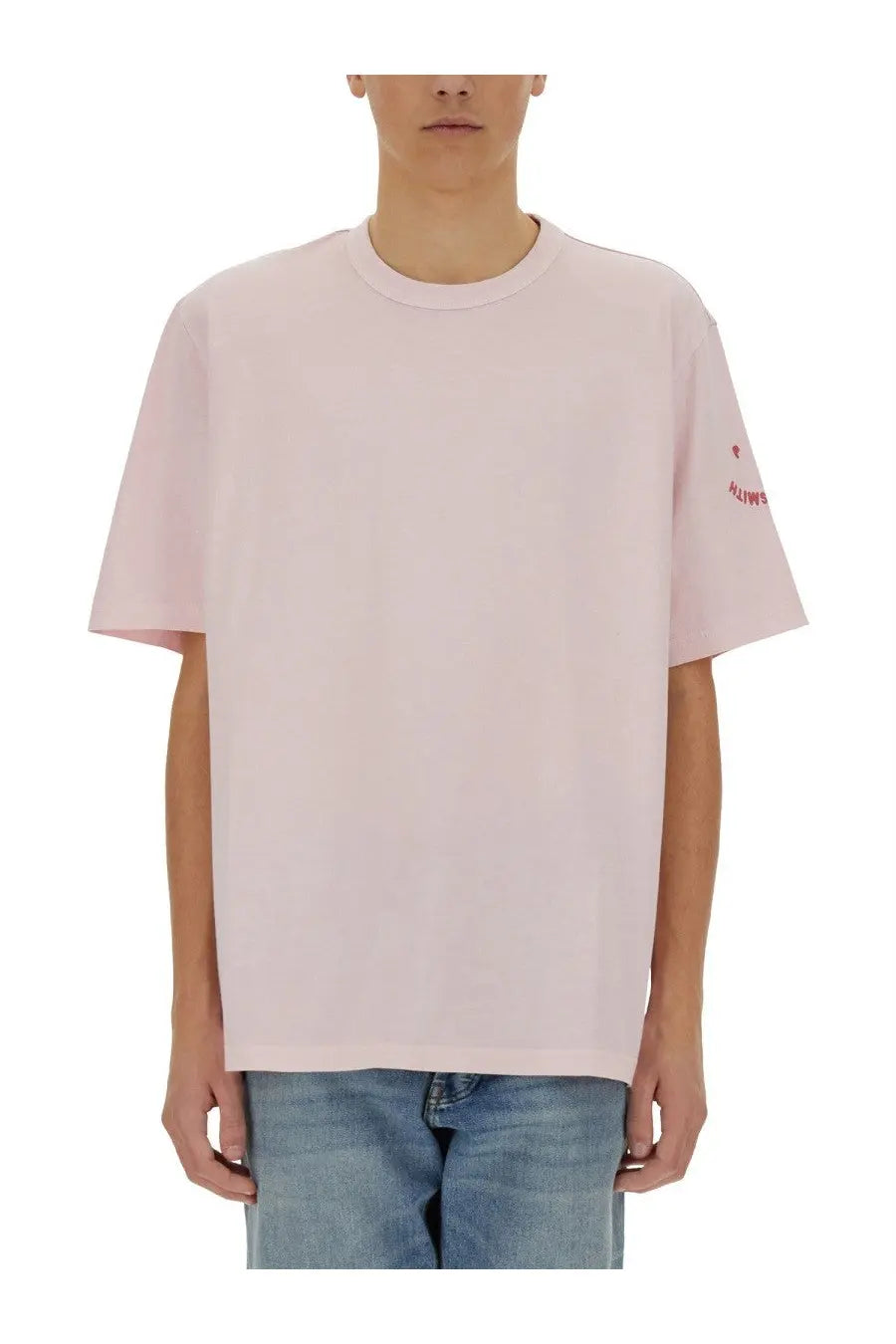 Ps By Paul Smith men’s soft pink oversized crewneck t-shirt with subtle red logo on left sleeve