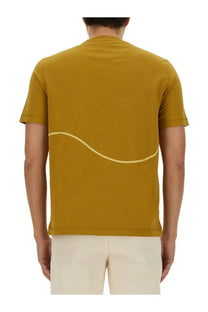 Ps by paul smith men’s mustard yellow short-sleeved shirt brown with cream curved line design on back side