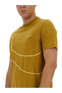 Ps by paul smith men’s mustard yellow short-sleeved shirt with subtle smiley embroidery and light yellow stripes