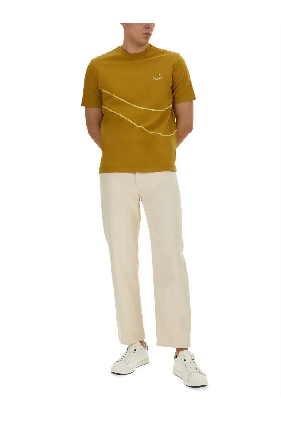 Ps by paul smith men’s mustard yellow short-sleeved shirt with embroidered smiley face and white stitch details