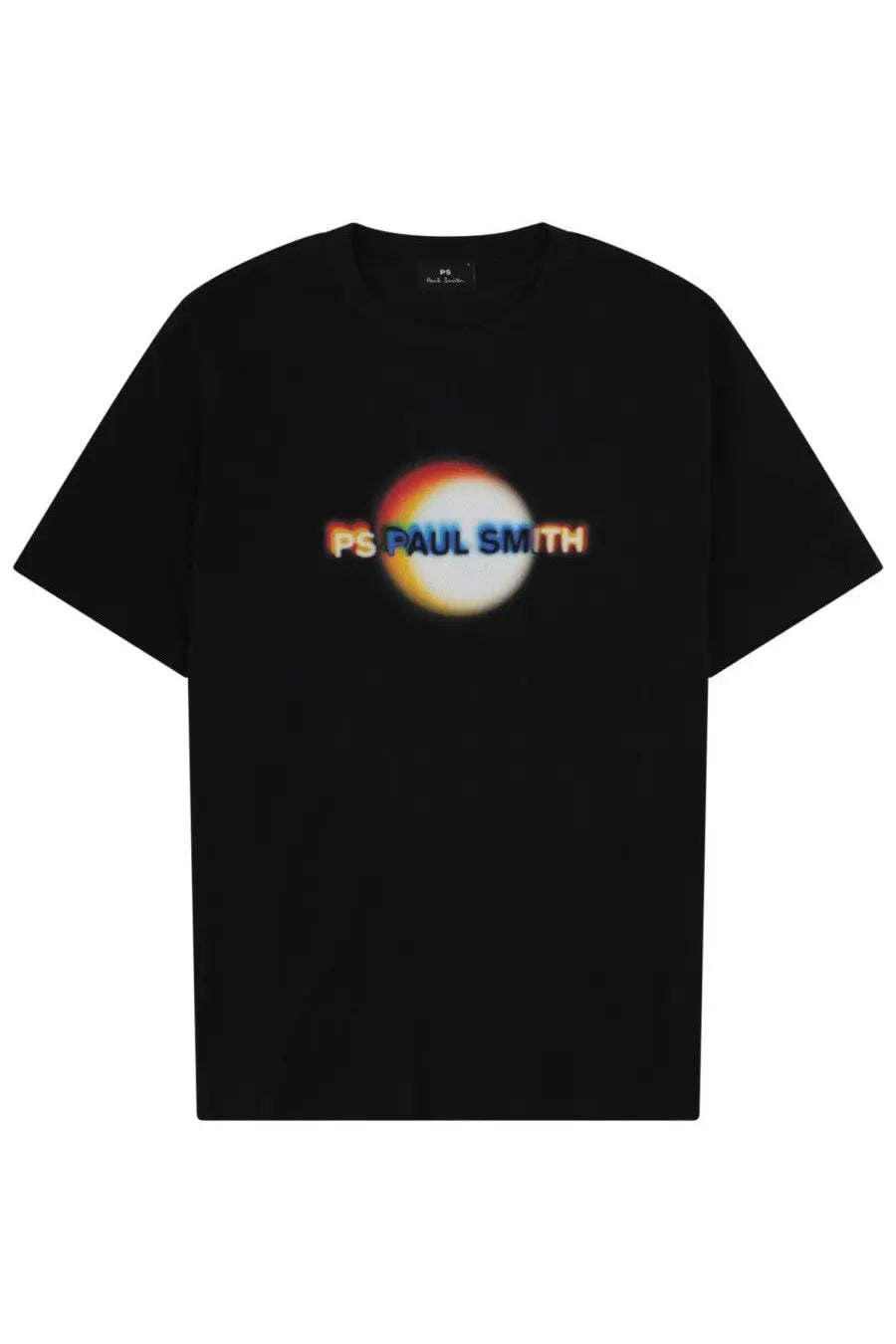 Ps by Paul Smith men’s black t-shirt featuring a vibrant rainbow circular graphic with the brand name printed across it