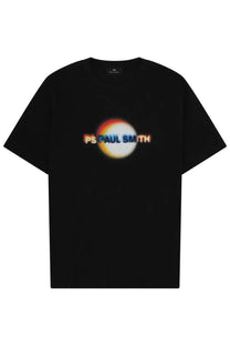 Ps by Paul Smith men’s black t-shirt featuring a vibrant rainbow circular graphic with the brand name printed across it