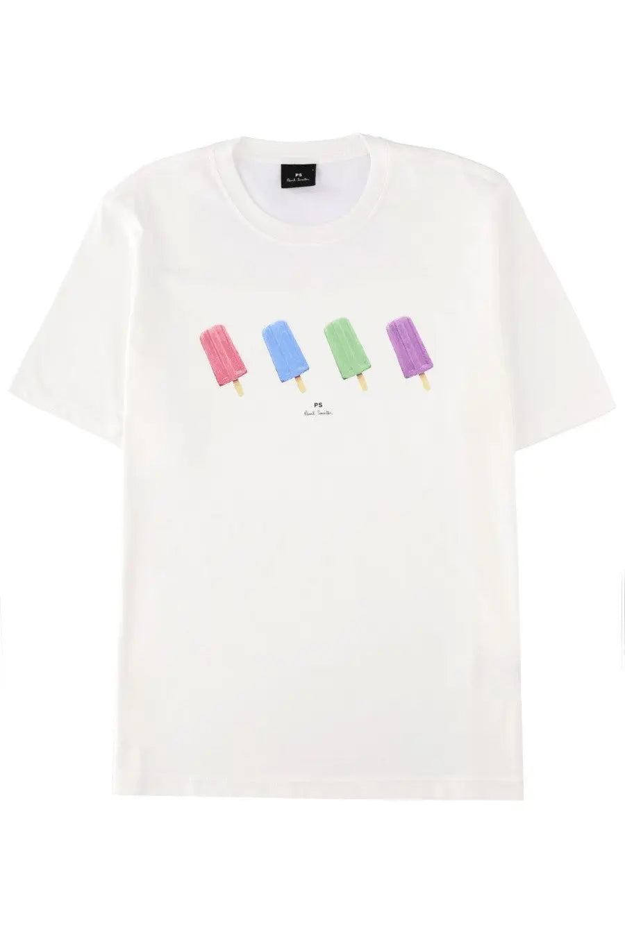 Ps by paul smith men’s white cotton t-shirt with a playful graphic of four colorful lollies in pink blue green and purple