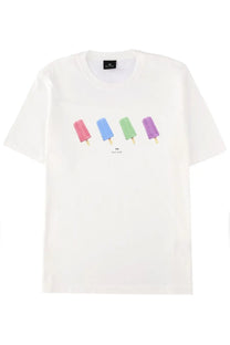 Ps by paul smith men’s white cotton t-shirt with a playful graphic of four colorful lollies in pink blue green and purple