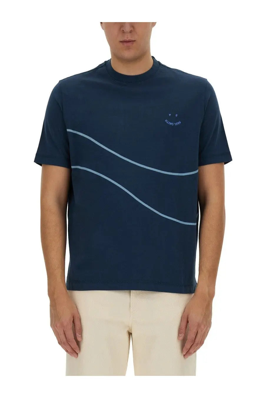 Navy blue short-sleeved ps by paul smith shirt with light blue wavy lines and embroidered smiley face logo on chest
