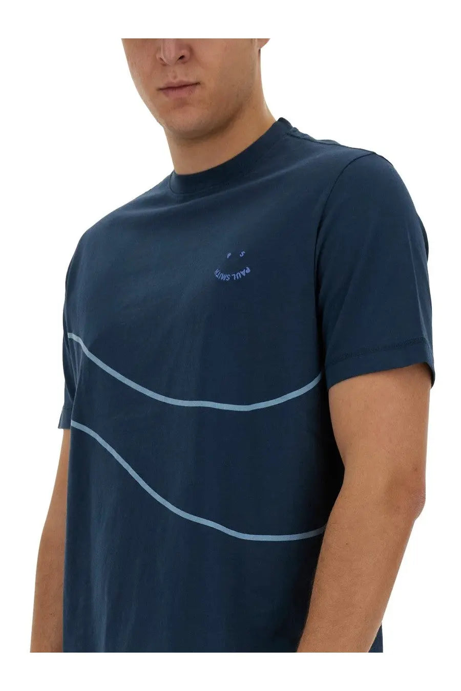 Navy blue ps by paul smith men’s short-sleeved shirt with light gray curved stripes and small chest logo embroidery