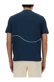 Navy blue ps by Paul Smith men’s short-sleeved shirt showing back with subtle light gray wavy line detail