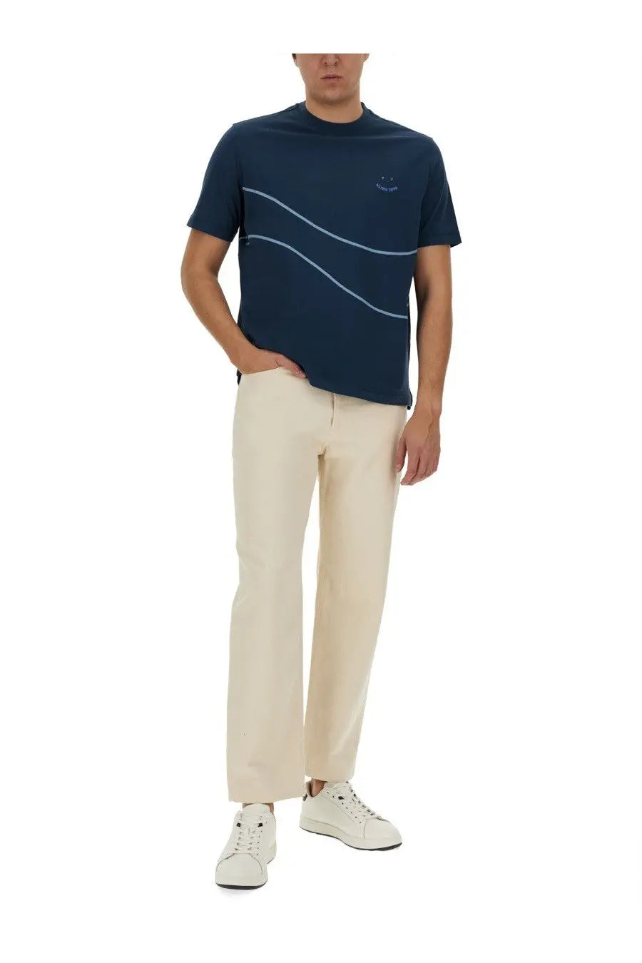 Navy blue ps by paul smith men’s short-sleeved cotton t-shirt with white wavy lines and embroidered smile face