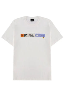 White cotton ps by paul smith men’s t-shirt with colorful horizontal graphic print featuring orange square and zebra pattern
