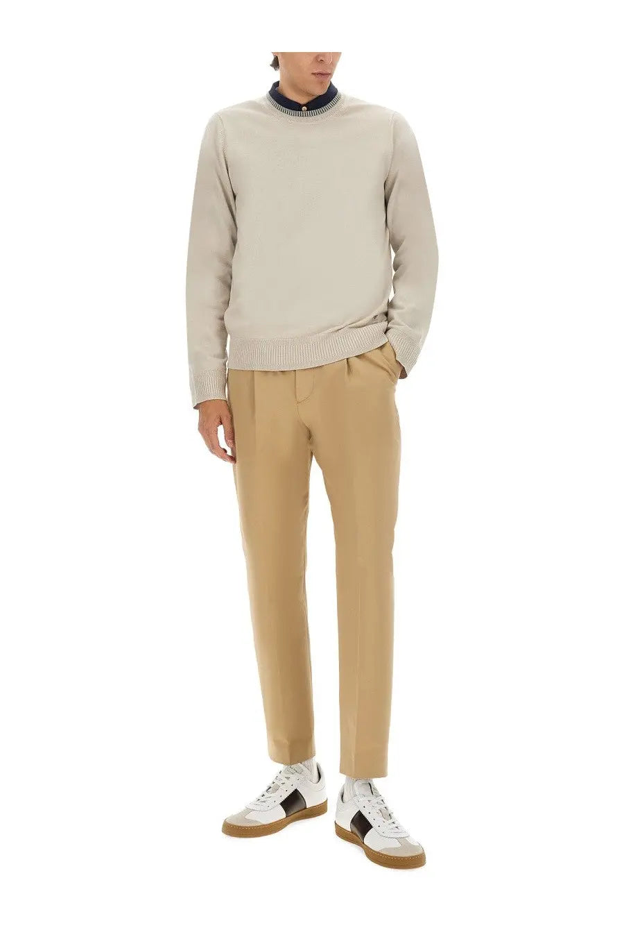Ps by paul smith men’s shirt white with beige crewneck sweater featuring ribbed cuffs and navy collar trim