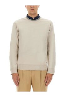Ps by Paul Smith men’s beige knit sweater with navy blue ribbed collar and cuffs and subtle p1 logo