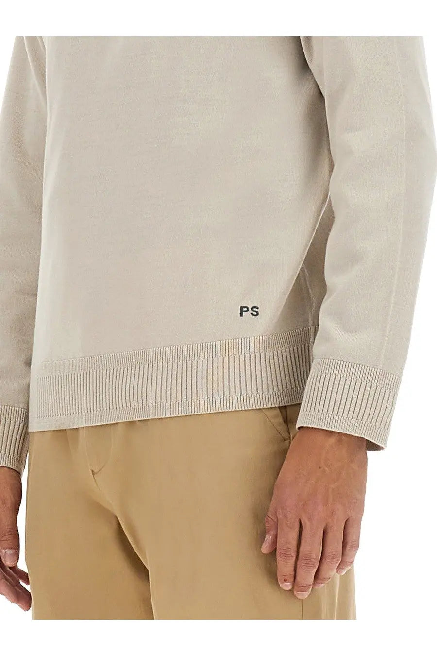 Ps by paul smith men’s beige knit sweater with ribbed cuffs hem and subtle ps logo on lower front