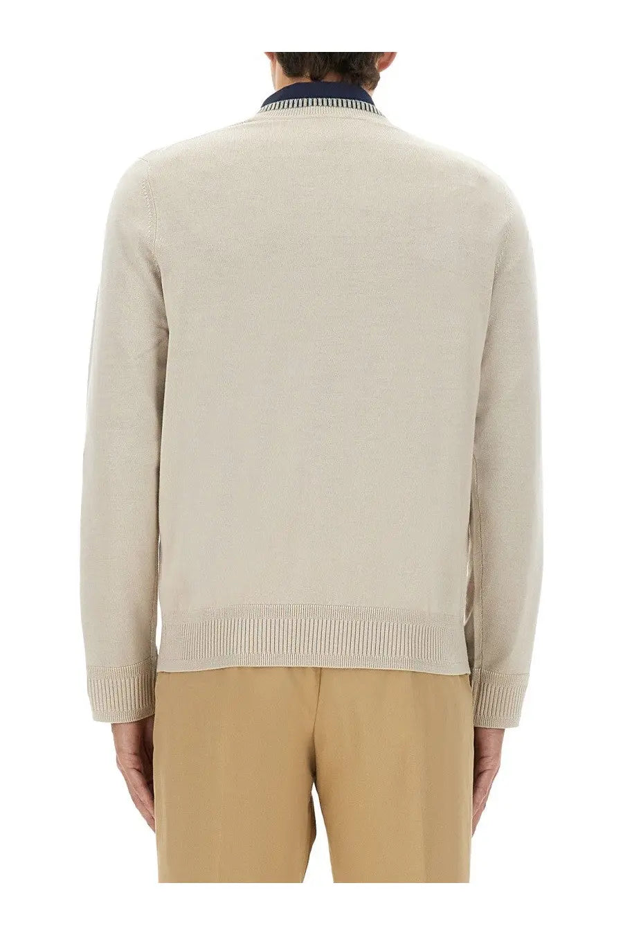 Ps by paul smith men’s shirt in white with beige knit sweater featuring ribbed cuffs hem and navy blue collar trim