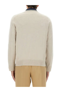 Ps by paul smith men’s shirt in white with beige knit sweater featuring ribbed cuffs hem and navy blue collar trim