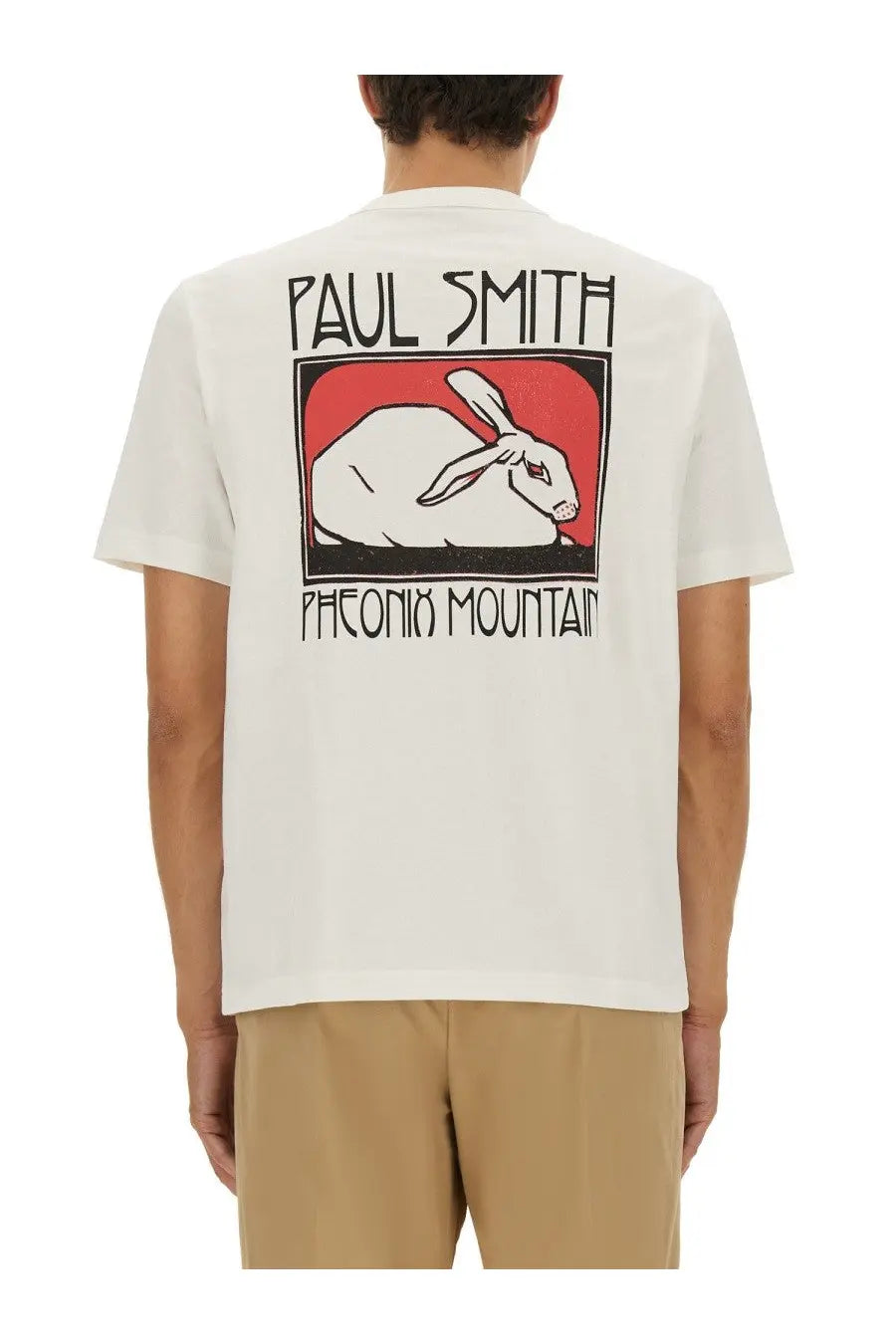 Ps by paul smith men’s white cotton t-shirt with bold white rabbit graphic on red background and black text frame