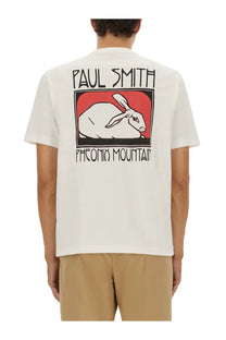 Ps by paul smith men’s white cotton t-shirt with bold white rabbit graphic on red background and black text frame