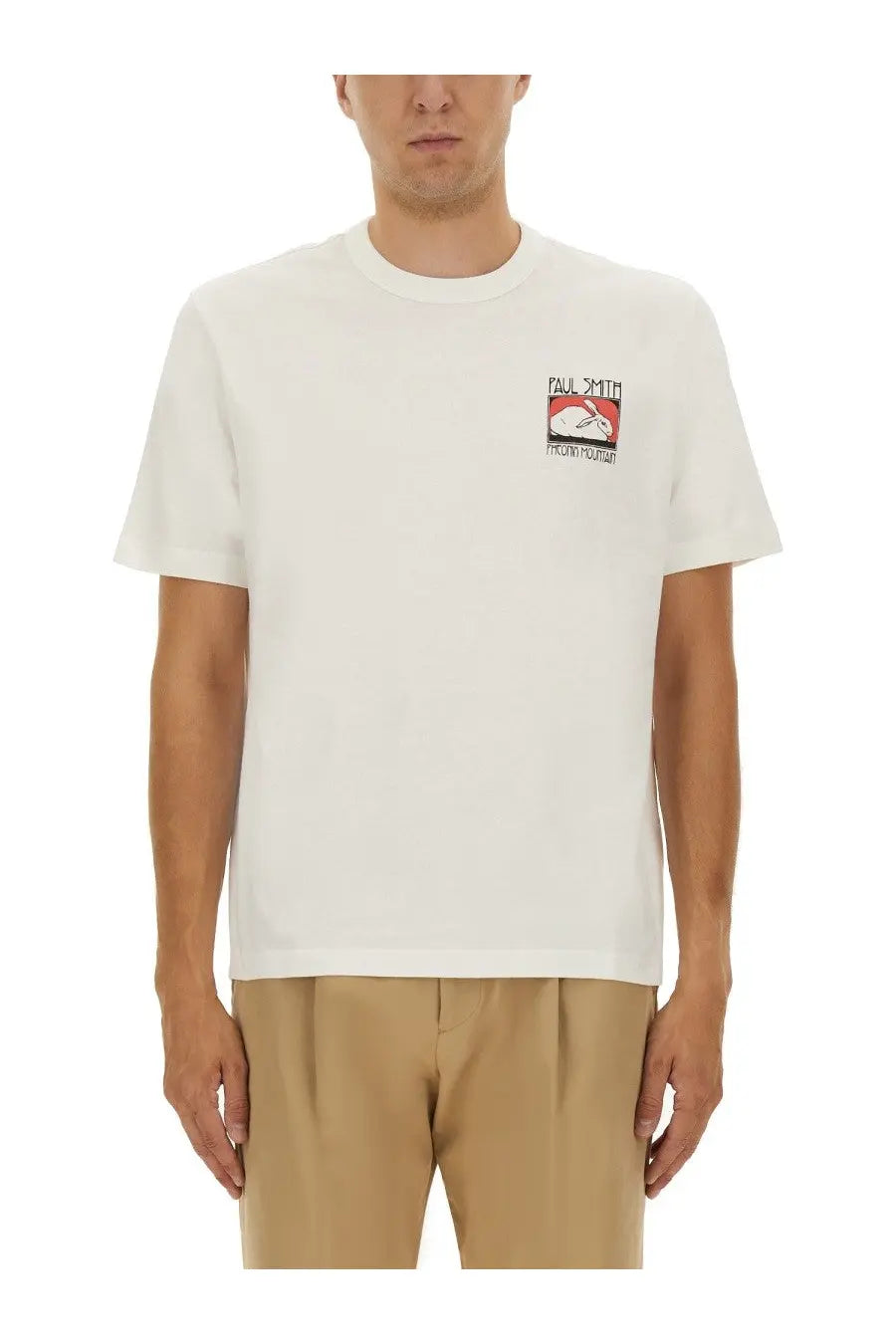 White cotton ps by paul smith men’s t-shirt with a red and black embroidered sleeping rabbit patch on the left chest