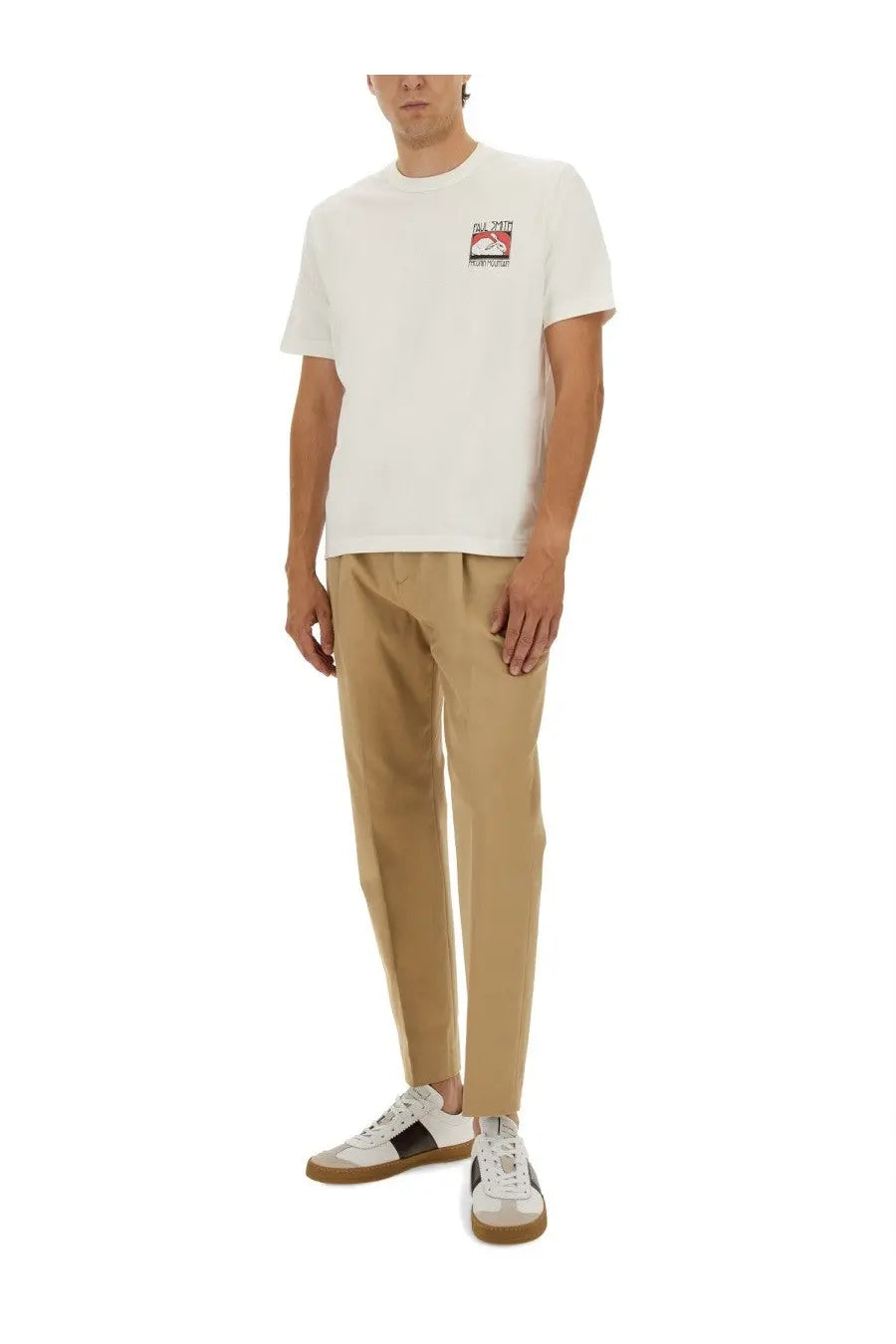 Ps by Paul Smith men’s white cotton t-shirt with a small red black and white rectangular logo on the left chest