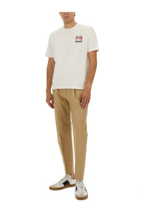 Ps by Paul Smith men’s white cotton t-shirt with a small red black and white rectangular logo on the left chest