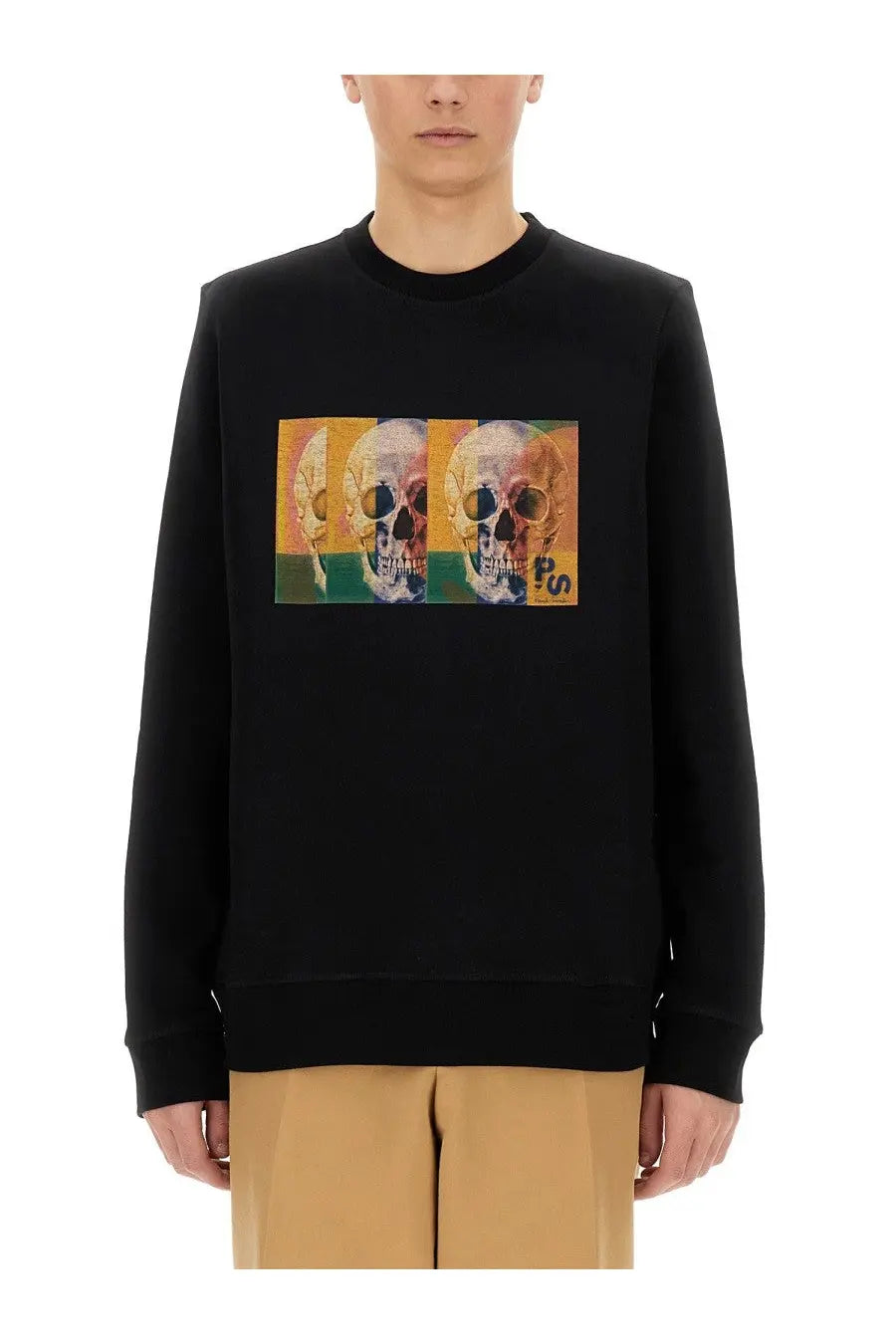 Black ps by paul smith men’s crewneck sweatshirt featuring a pastel skull triptych graphic and ps logo on lower right