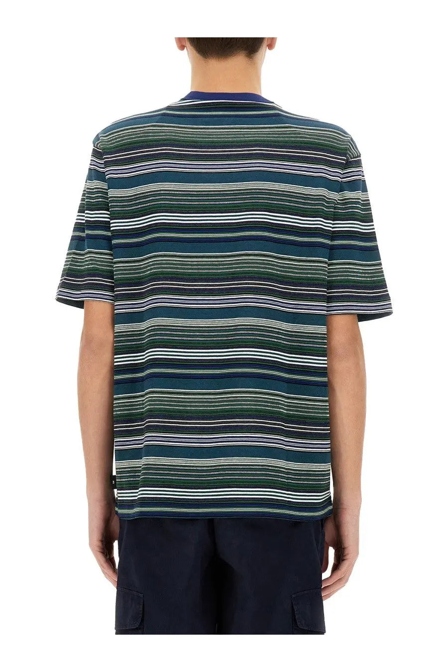 Ps by paul smith men’s short-sleeved striped t-shirt in teal green white and navy blue multicolor