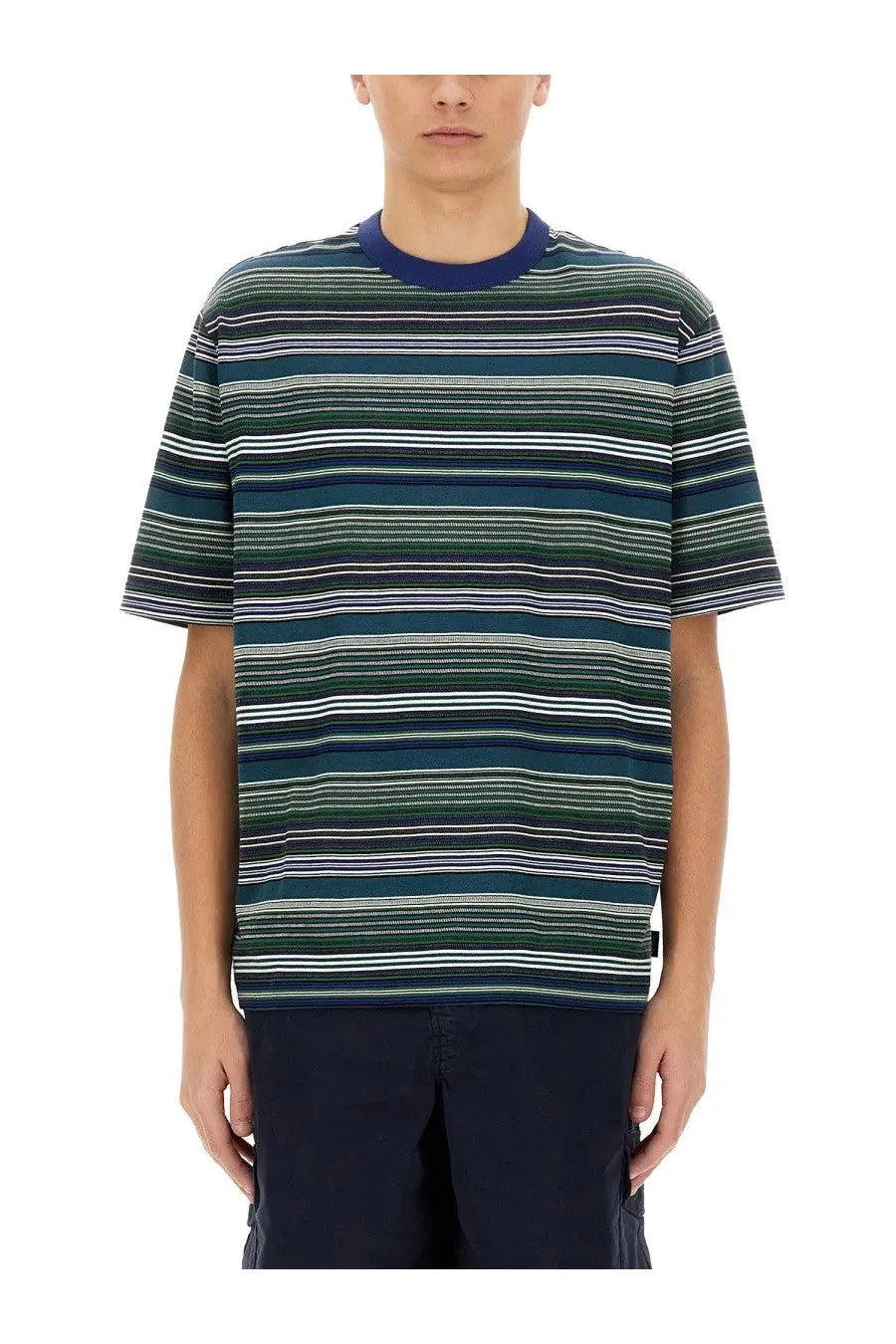 Ps by Paul Smith men’s short-sleeved striped shirt with green blue and white stripes and solid navy collar