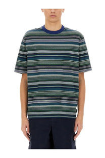 Ps by Paul Smith men’s short-sleeved striped shirt with green blue and white stripes and solid navy collar