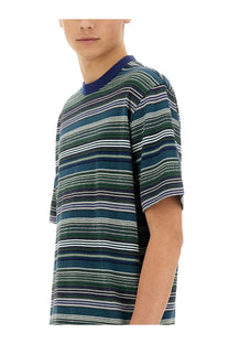 Ps by Paul Smith men’s short-sleeved striped t-shirt in multicolor teal green and white with navy ribbed crew neck