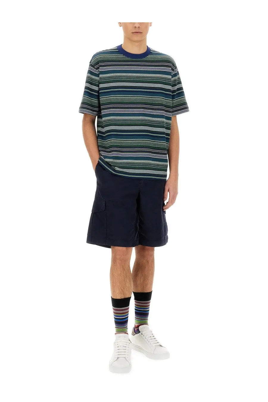 Ps By Paul Smith men’s striped short-sleeved shirt with navy blue green and white horizontal stripes