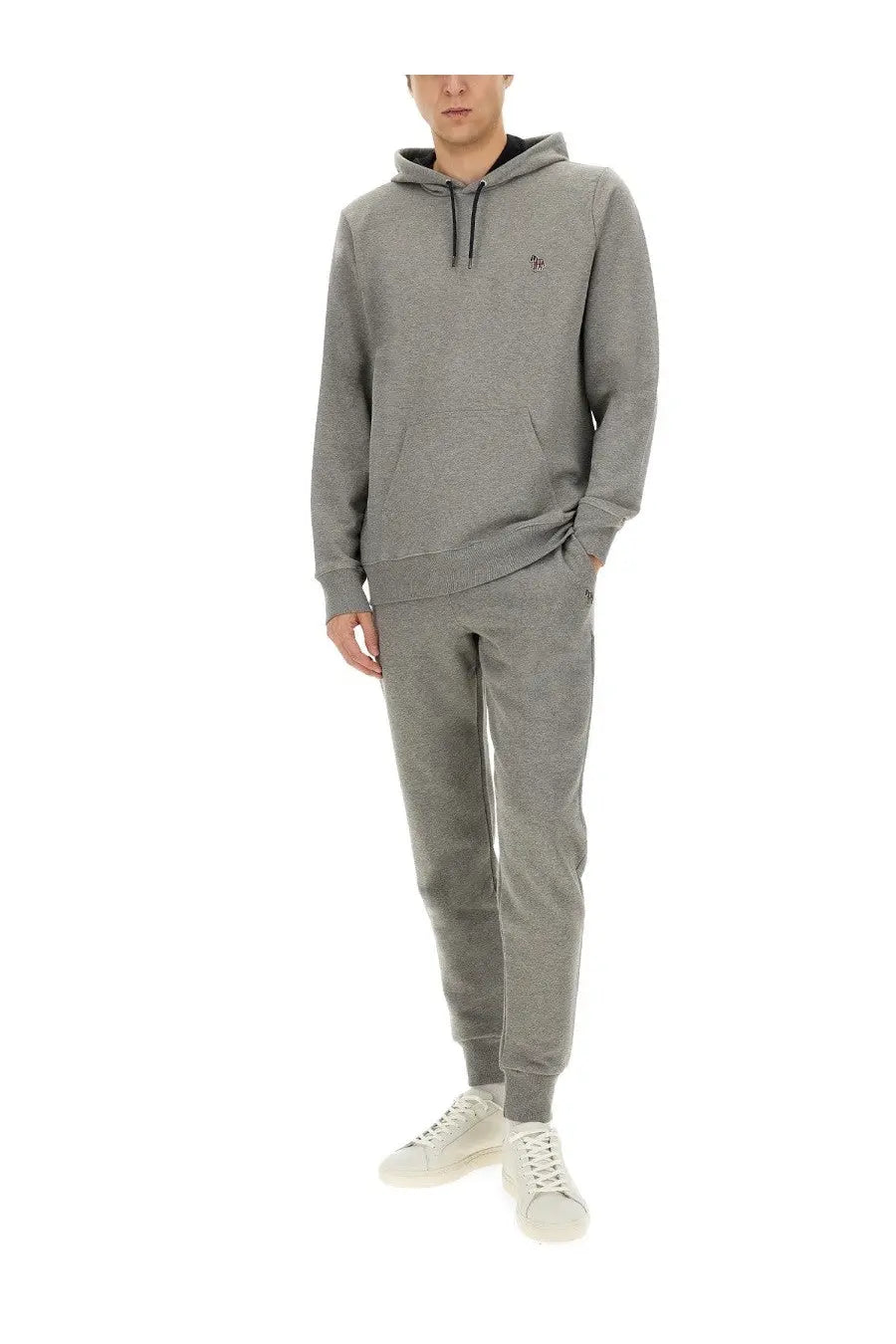 Ps By Paul Smith men’s gray heathered cotton hoodie with black drawstrings and small chest logo paired with joggers