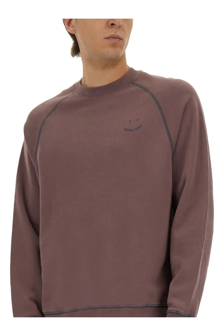 Ps by Paul Smith men’s sweatshirt purple muted mauve long-sleeve with dark gray seam stitching and embroidered smiley face logo