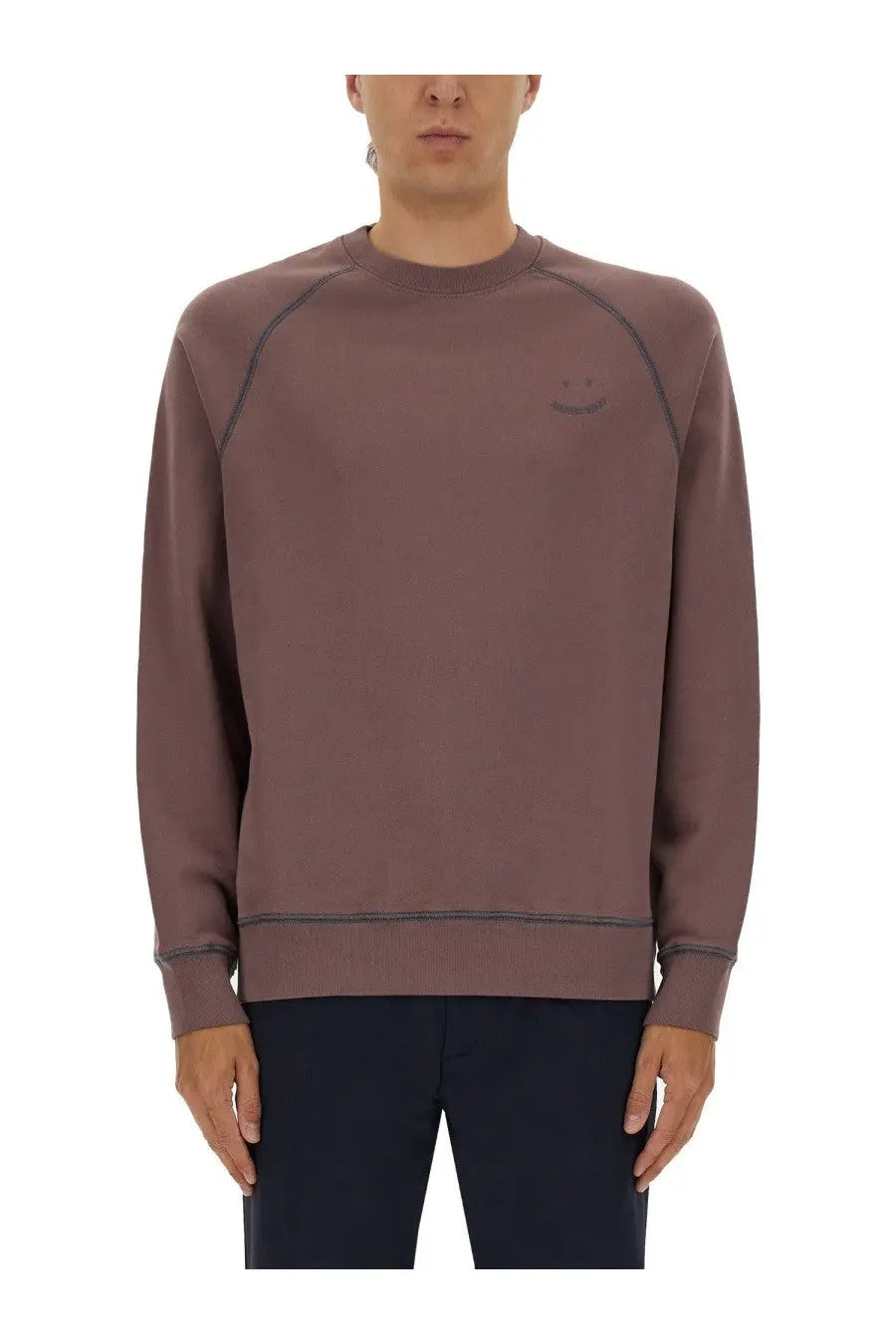 Ps by paul smith men’s sweatshirt purple muted mauve crewneck with dark grey seam stitching and embroidered smiley face