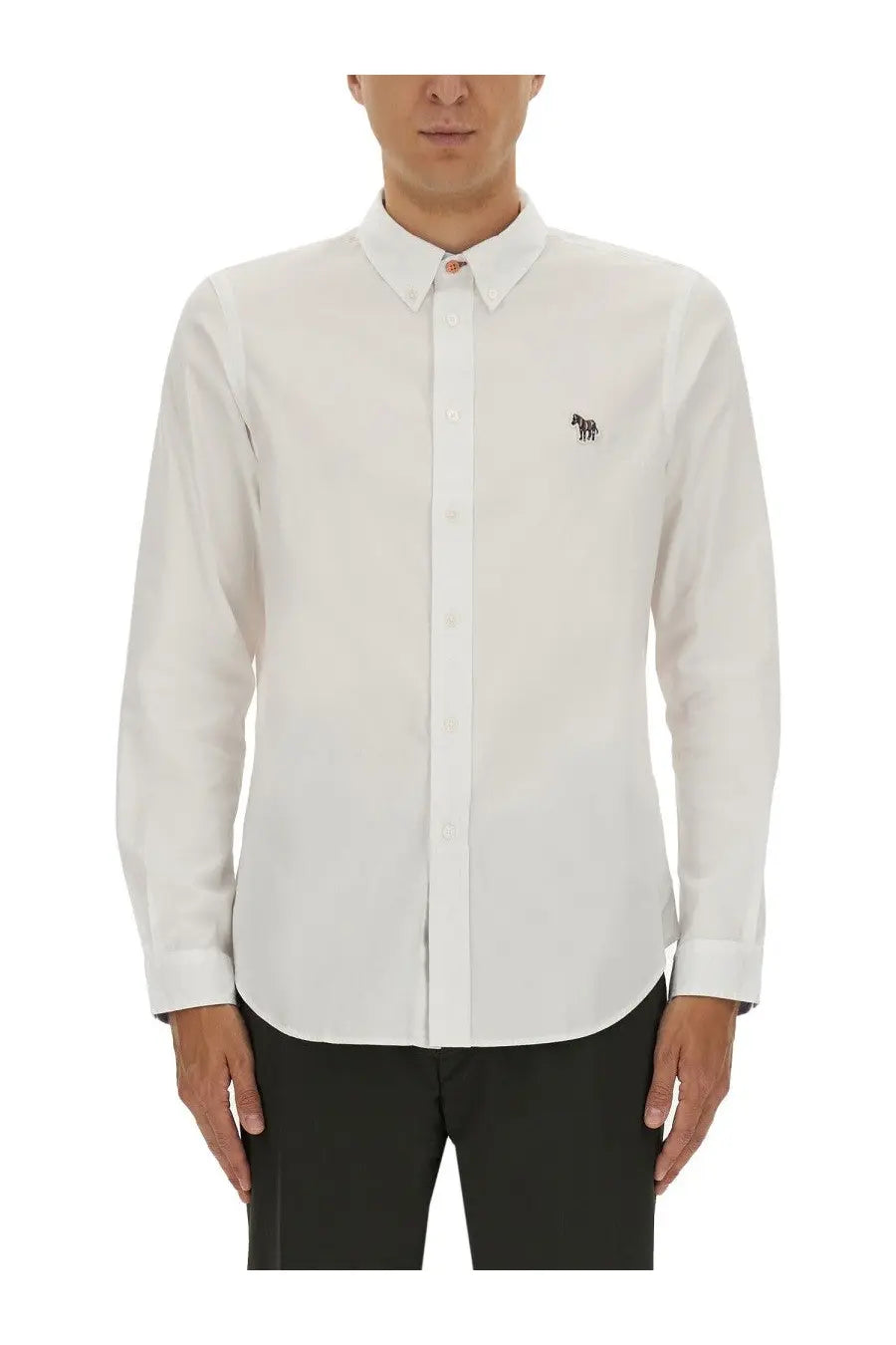 Ps by Paul Smith men’s tailored fit white long-sleeved button-down shirt with black embroidered horse on left chest