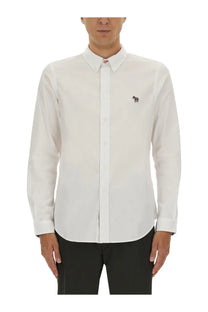 Ps by Paul Smith men’s tailored fit white long-sleeved button-down shirt with black embroidered horse on left chest