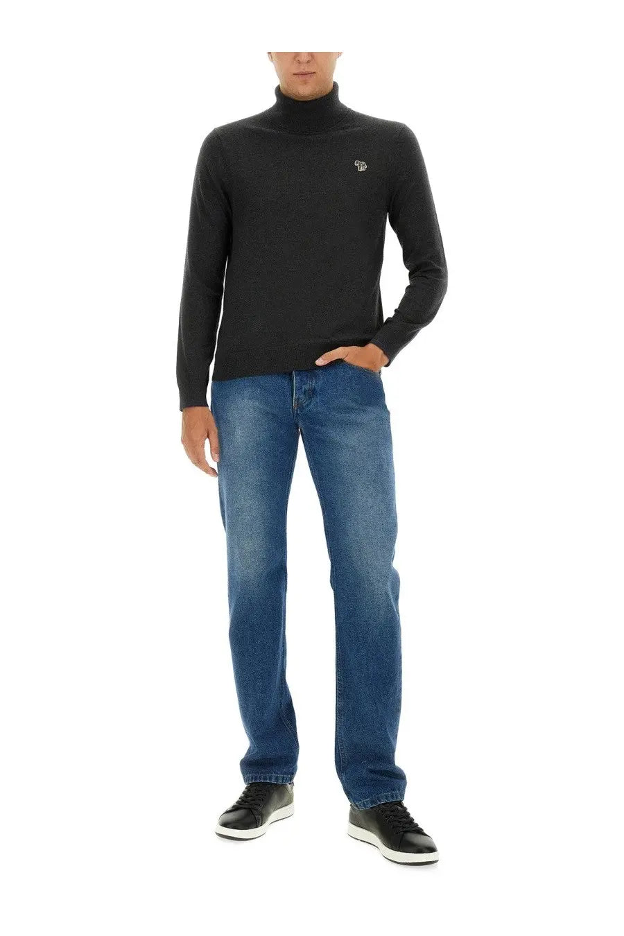 Black turtleneck sweater with small embroidered logo on left chest for mens casual wear by ps by paul smith