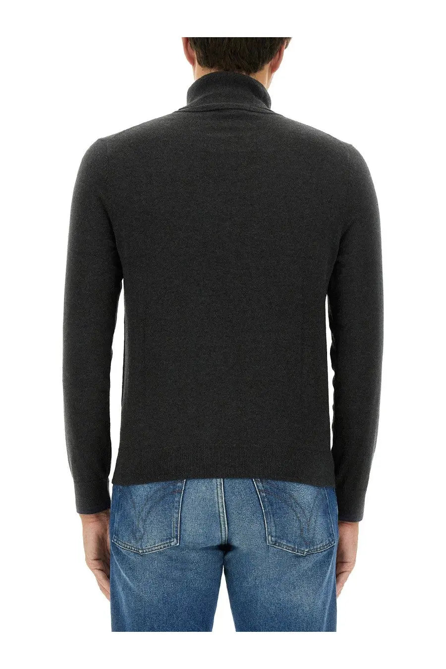 Dark gray turtleneck sweater with ribbed collar and cuffs featured in ps by paul smith men’s zebra patch shirt grey collection