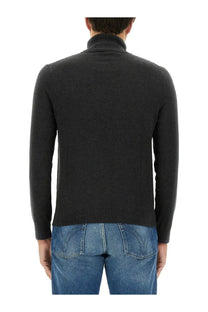 Dark gray turtleneck sweater with ribbed collar and cuffs featured in ps by paul smith men’s zebra patch shirt grey collection