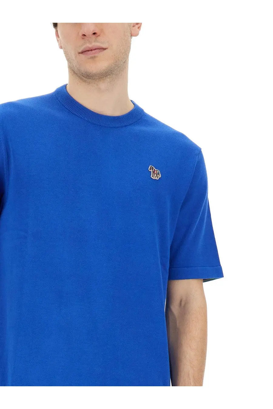 Bright blue crewneck t-shirt with small embroidered horse logo on left chest from ps by paul smith men’s zebra shirt blue collection