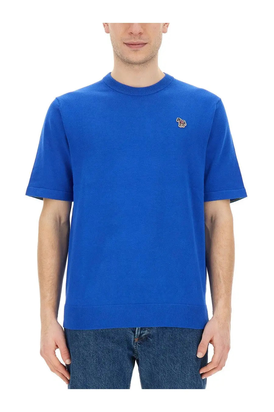 Blue short-sleeved crew neck sweater with small embroidered logo on left chest in ps by paul smith men’s zebra shirt blue collection