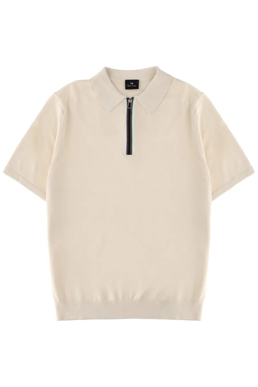Ps by Paul Smith men’s cream short-sleeved zip polo shirt with multicolored trim at the collar in white
