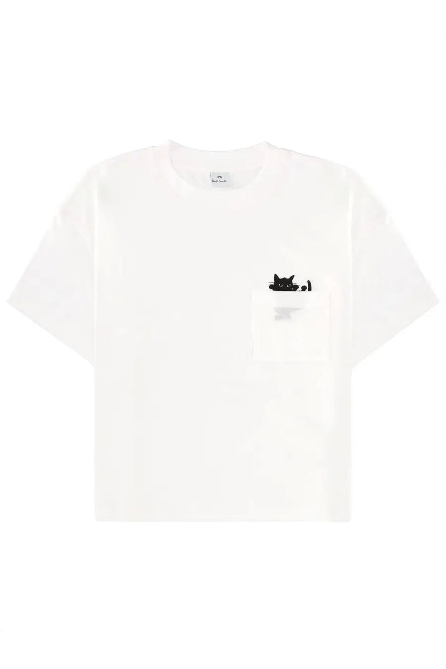 White cotton ps by paul smith women’s t-shirt with a black cat peeking from the front pocket